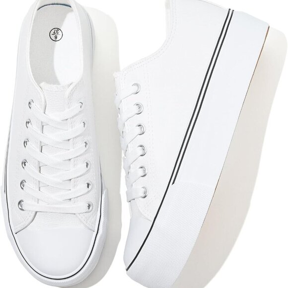 Shoes - Women's White PU Leather Platform Sneakers Casual Low Top Shoes Rubber Sole
